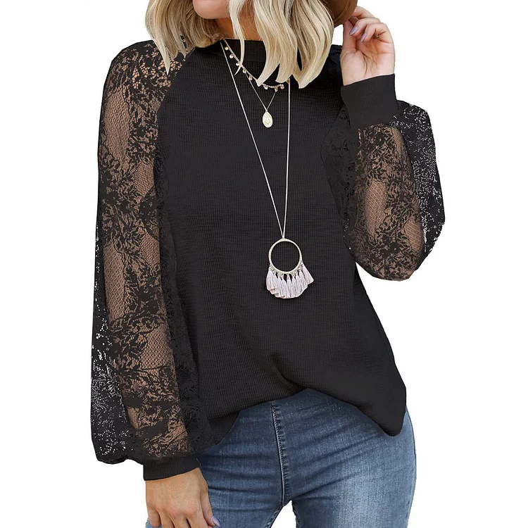 Wearshes Fashionable Solid Color Casual Lace Patchwork Long Sleeved T-Shirt