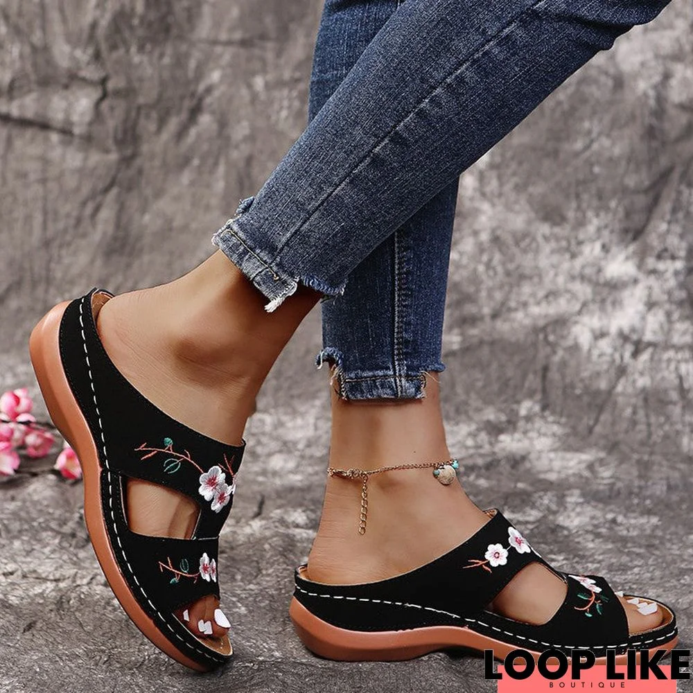 Wedge Platform Sandals Embroidered Floral Slippers
