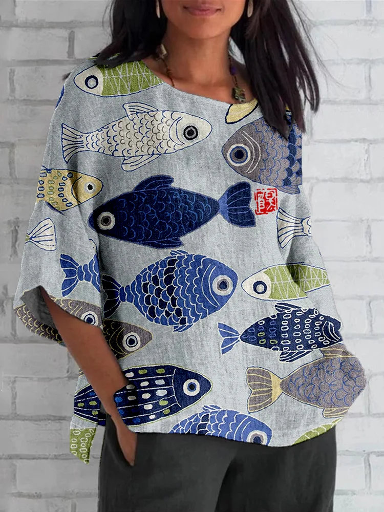 Vintage Fish Japanese Art Linen Blend Tunic