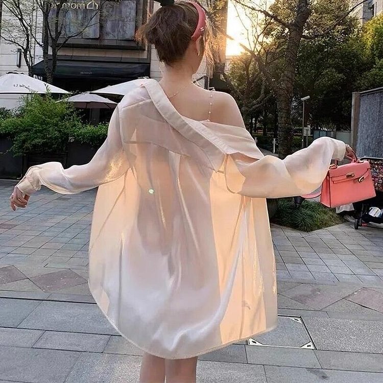 Women's White Blouse Chiffon  Loose Long Sleeve T-Shirts Oversize  Bling  Fashion Elegant Summer Thin Chic Pink Plus Size - Shop Trendy Women's Fashion | TeeYours