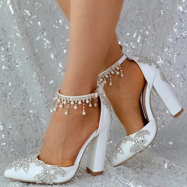 White Ankle Strap Chunky Heels Rhinestones Wedding Pumps |FSJ Shoes