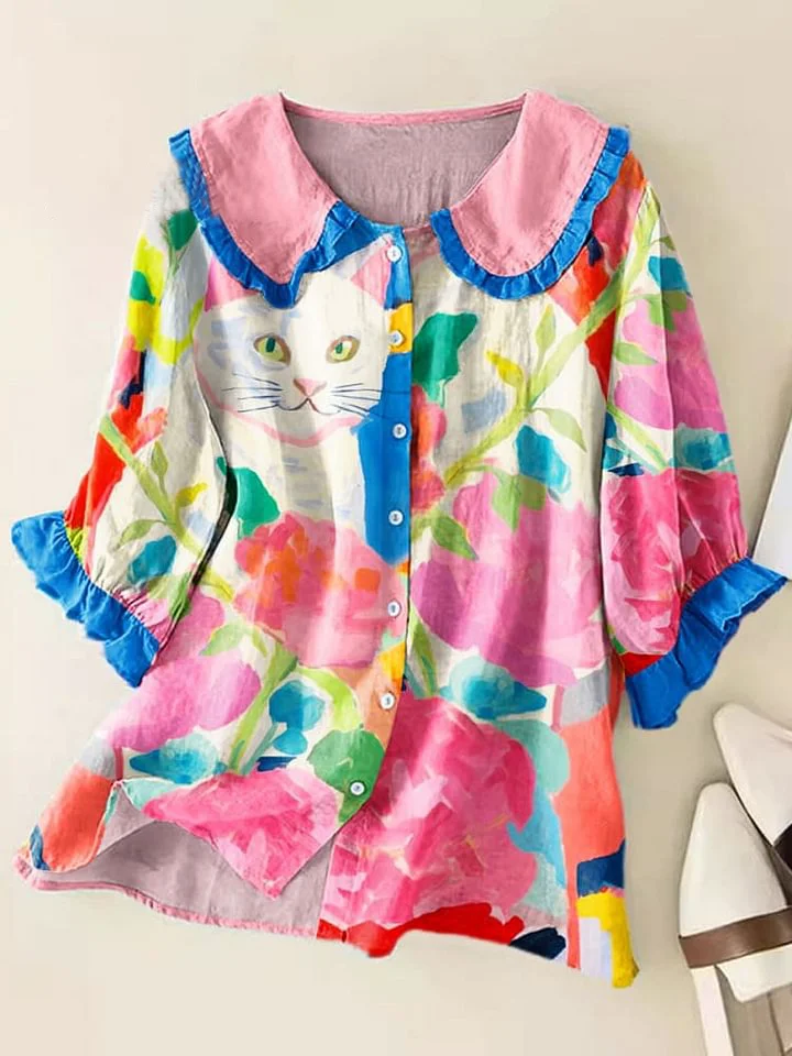 Women Vintage Cat Flower Art Print Loose Peter Pan Collar Half Sleeve Blouses