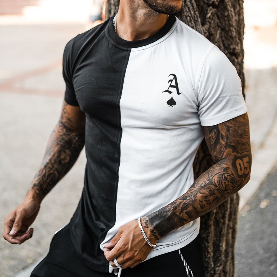 Men's Fashion Poker Black And White Colorblock Print Casual Short Sleeve T-Shirt