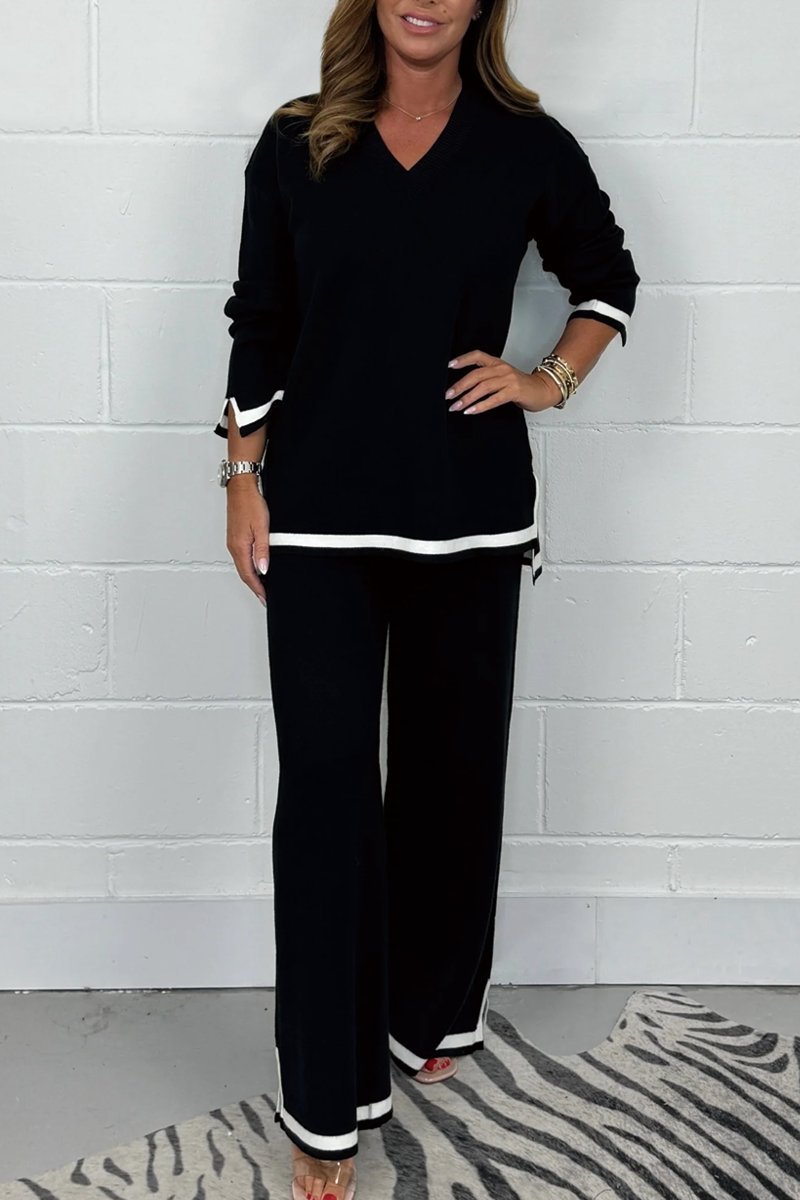 Women's V-Neck Soft Knit Border Edge Trouser Co-Ord Fashion Trends