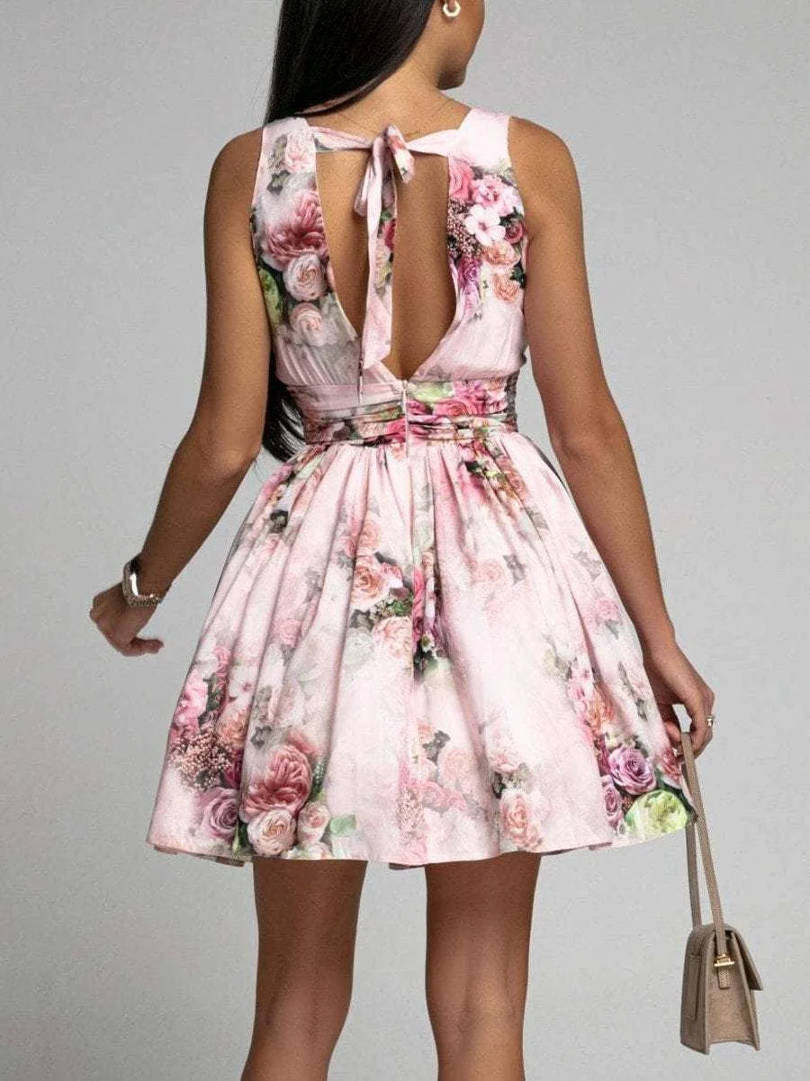 Sexy deep V high waist backless floral dress