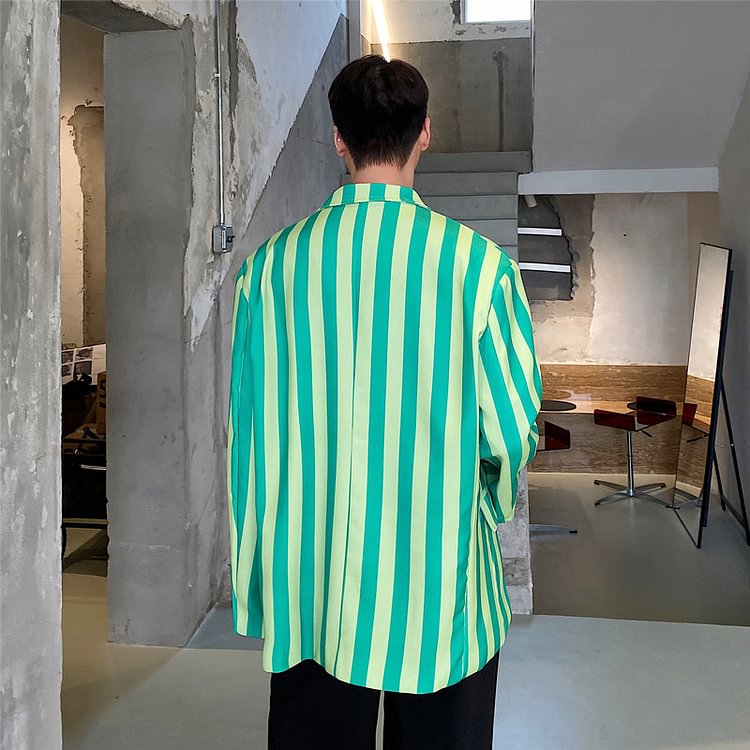 Dawfashion-Spring and Summer New Fashionable Fried Street Green Striped Suit Retro Casual Popular Top-Yamamoto Diablo Clothing