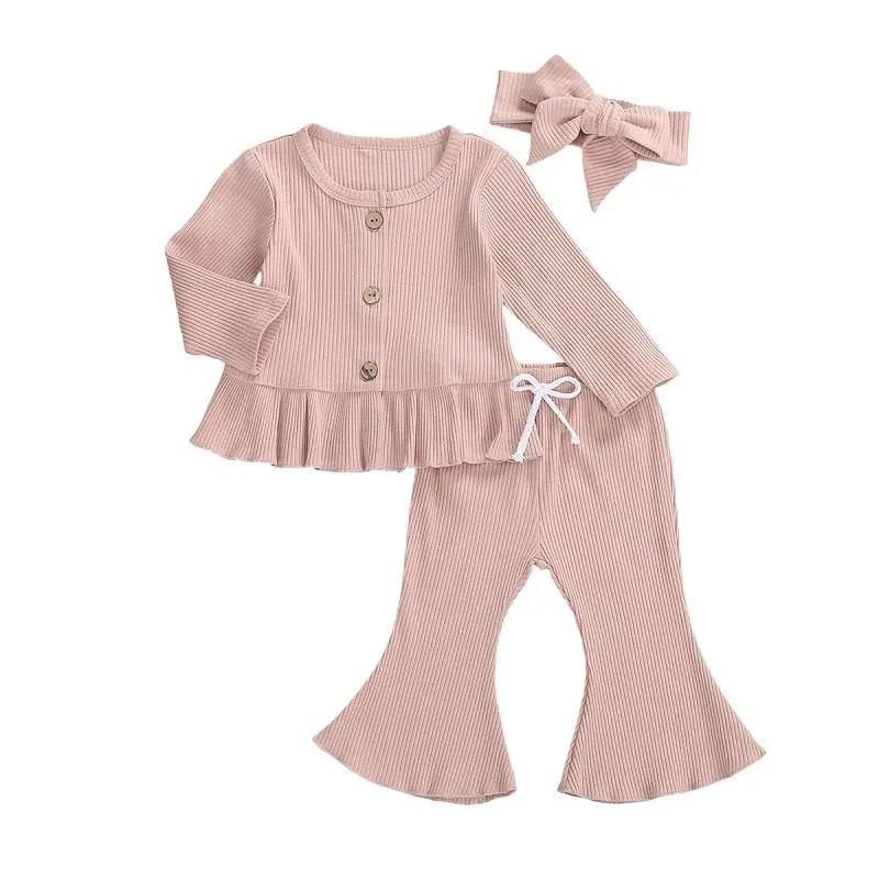 Infant Newborn Baby Toddler Girls 3 Pcs Knit Outfits Long Sleeve Buttons Round Neck Ruffle Top + Long Flared Pant + Headband