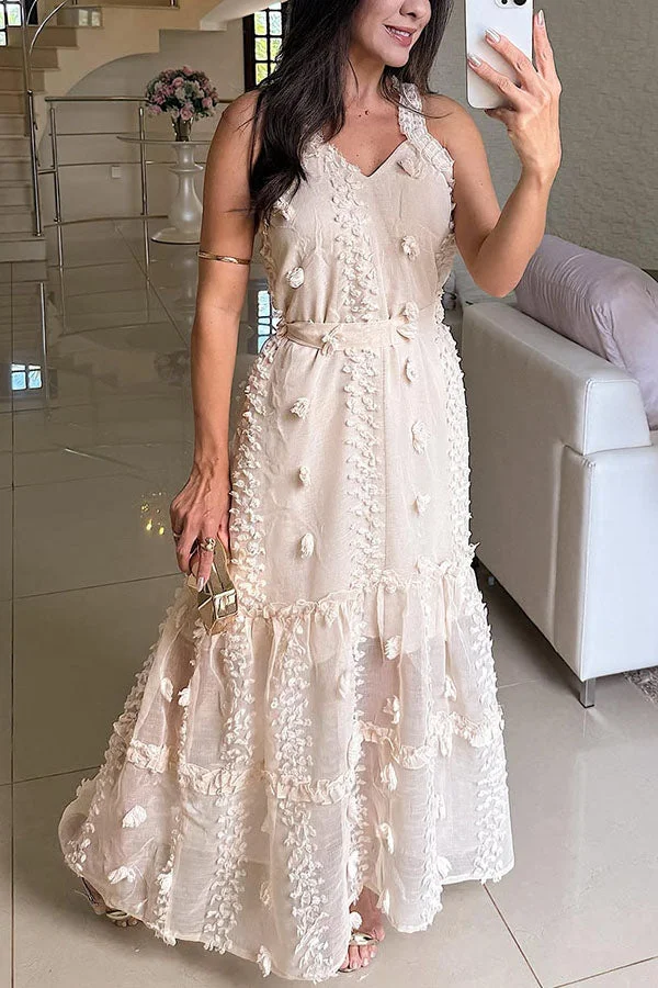 Radiant Day Tulle 3D Floral Embroidery Tie-up A-line Maxi Dress