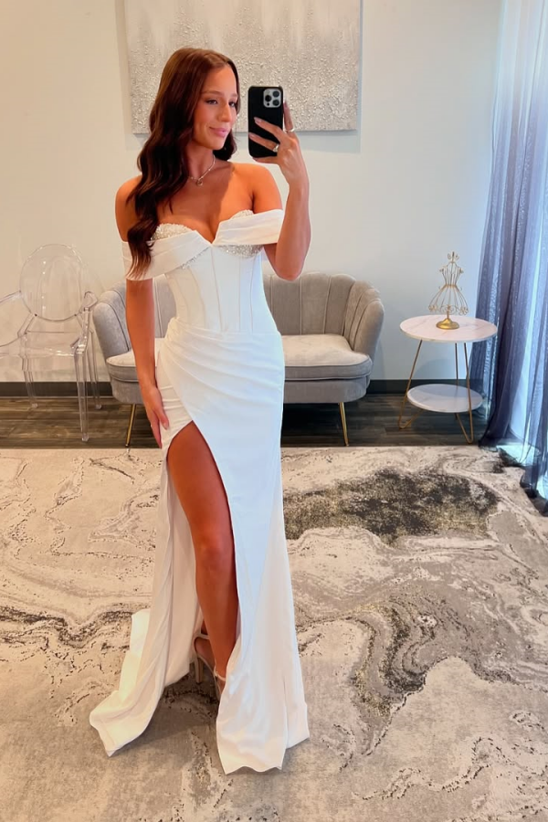 White Off-The-Shoulder Split Beaded Prom Dress ZT0700