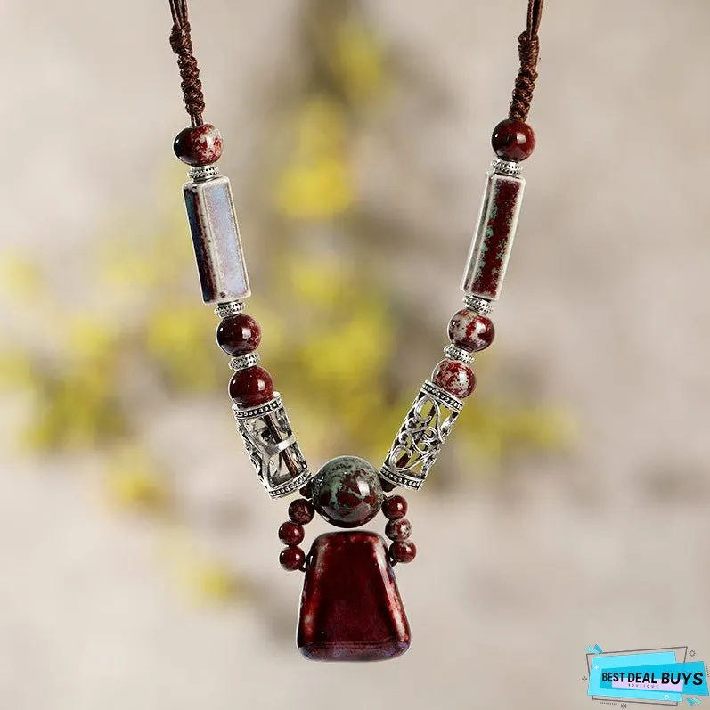 Retro Ethnic Style Ceramic Necklace for Womens Simple Collar Chain Versatile Red Pendant