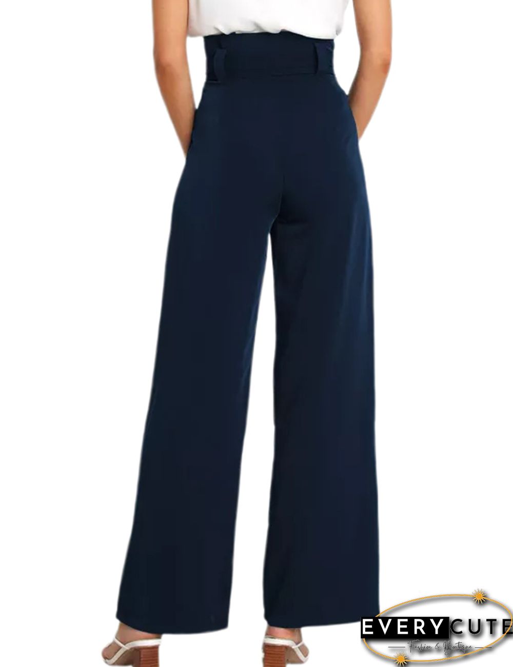 Navy Blue Wide Leg High Waist Pocket Pants with Belt