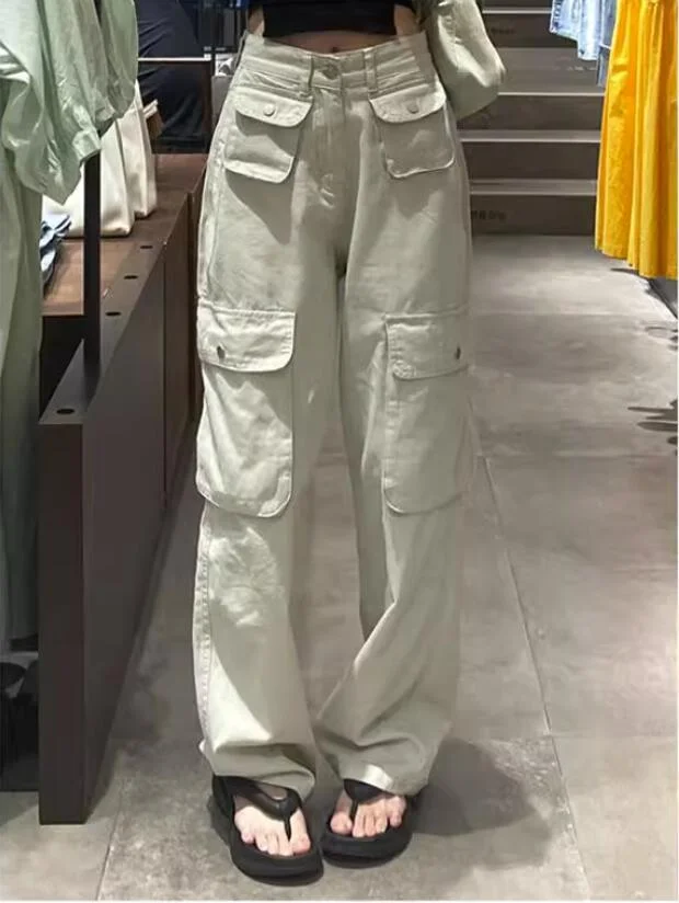 Lvpinyuan Vintage Cargo Pants Baggy Women Fashion 90s Streetwear Pockets Wide Leg High Waist Straight Y2k Casual Trousers Overalls