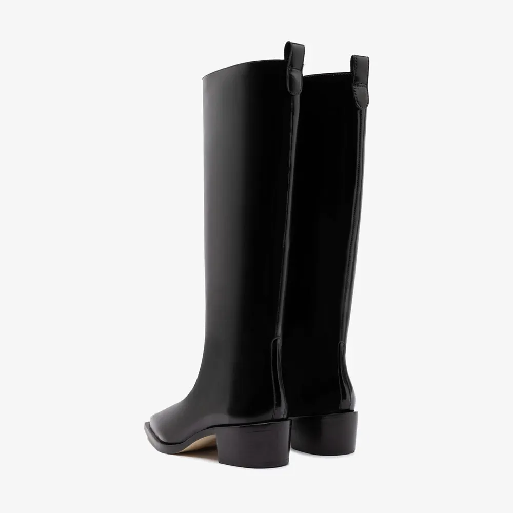 Bright Black Vegan Leather Pointed Toe Block Heel Long Boots for Women