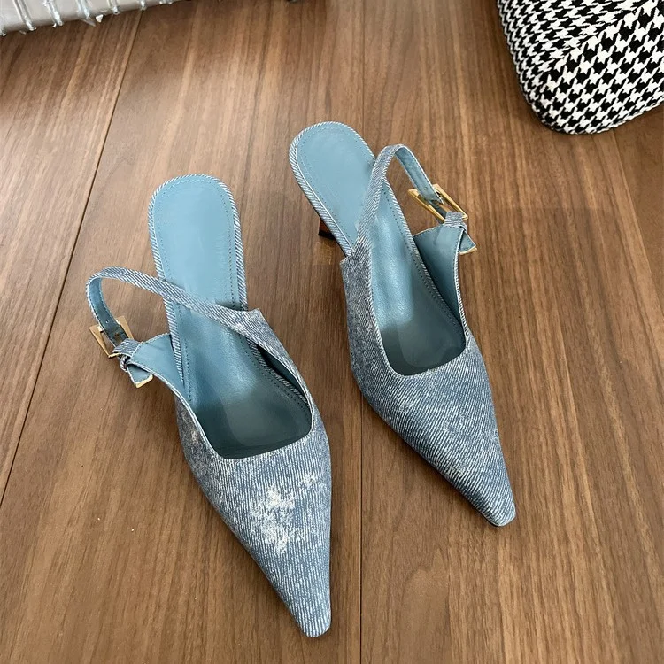 Yyvonne Summer New Summer Children Fashion Temperament Denim Cloth Leopard Single Shoes Women's Fine Heel Sandals