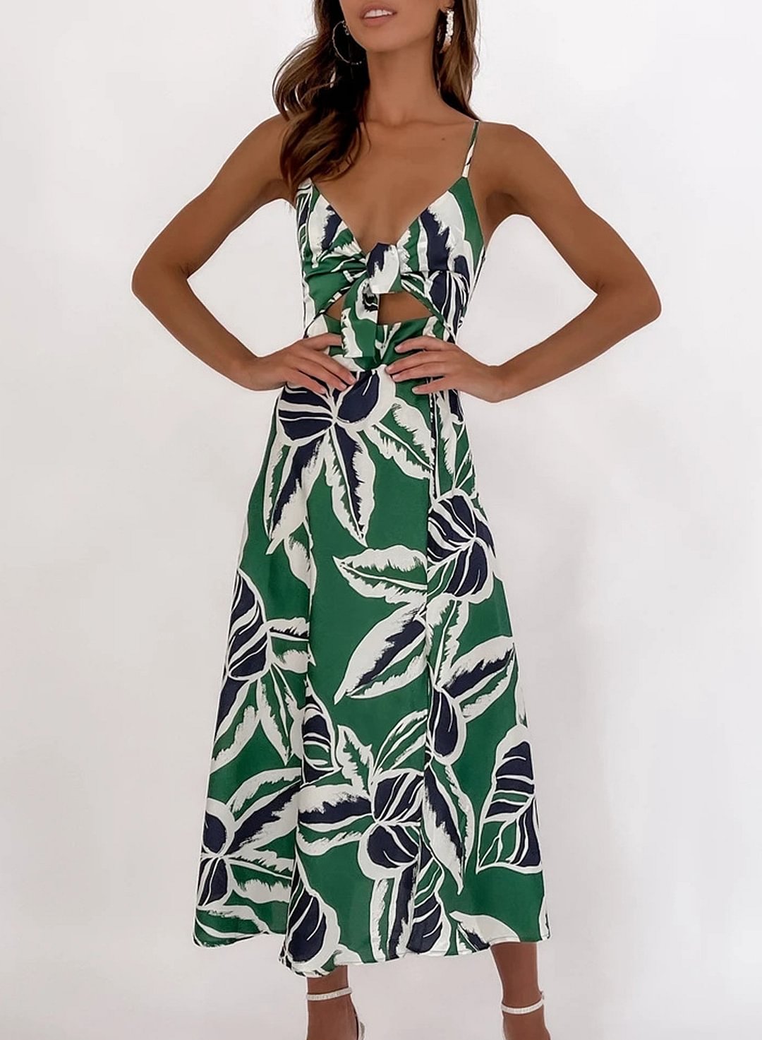 Women's Leaf Print V-neck Midi Dress