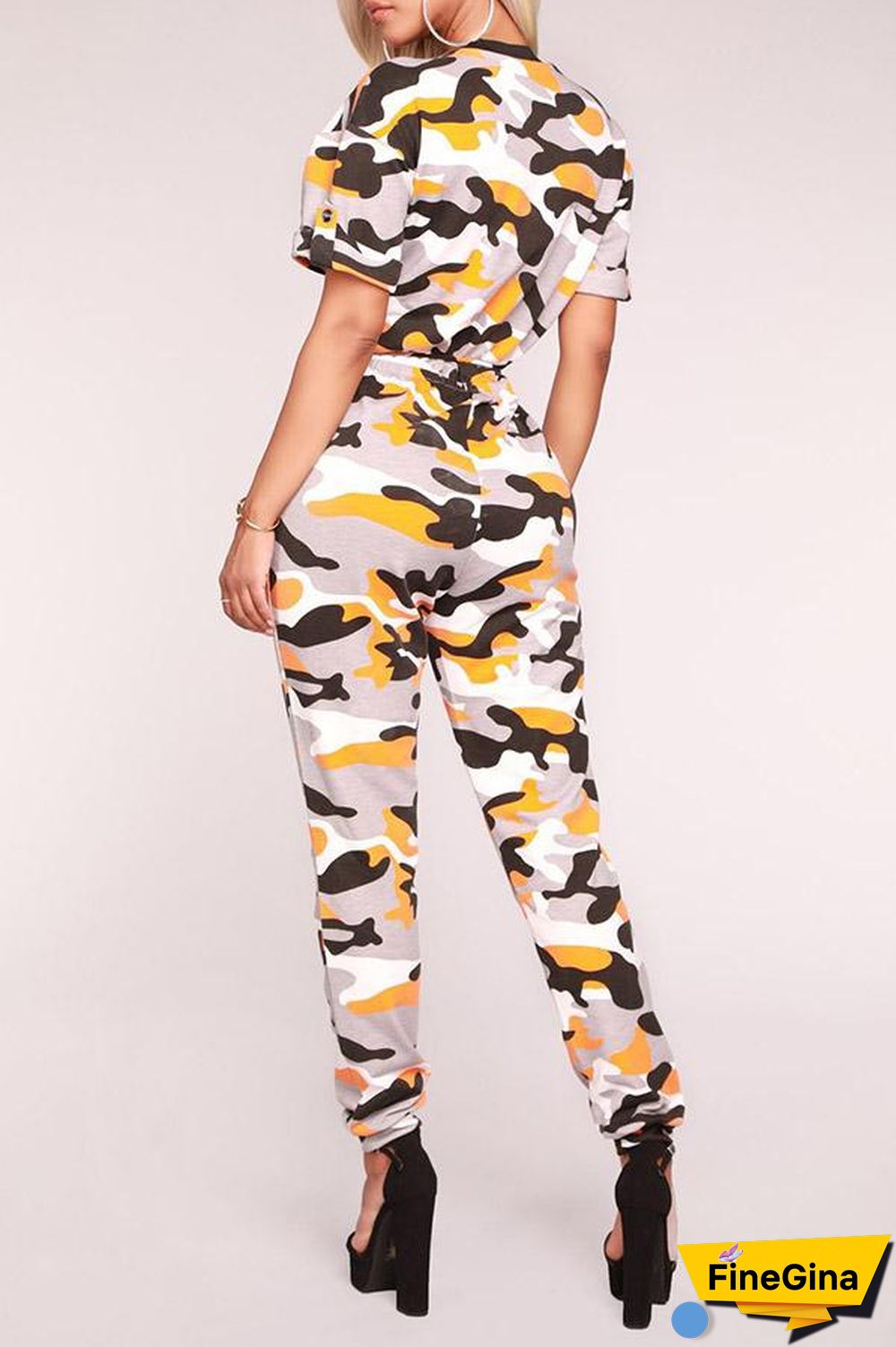 Camouflage Printed Short Sleeve Zipper Jumpsuit
