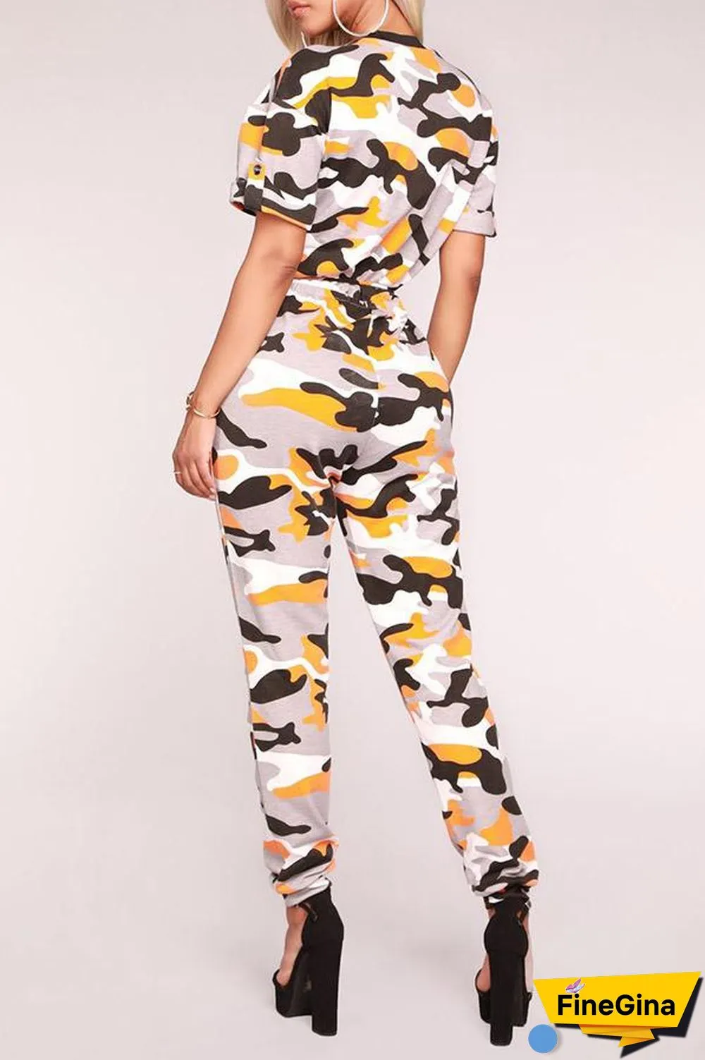 Camouflage Printed Short Sleeve Zipper Jumpsuit