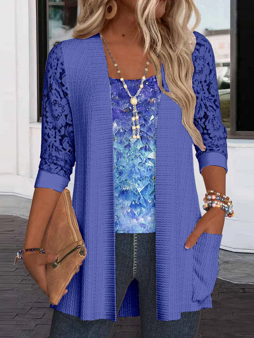 Women Long Sleeve Scoop Neck Printed Graphic Pockets Lace Two-Pieced Tops