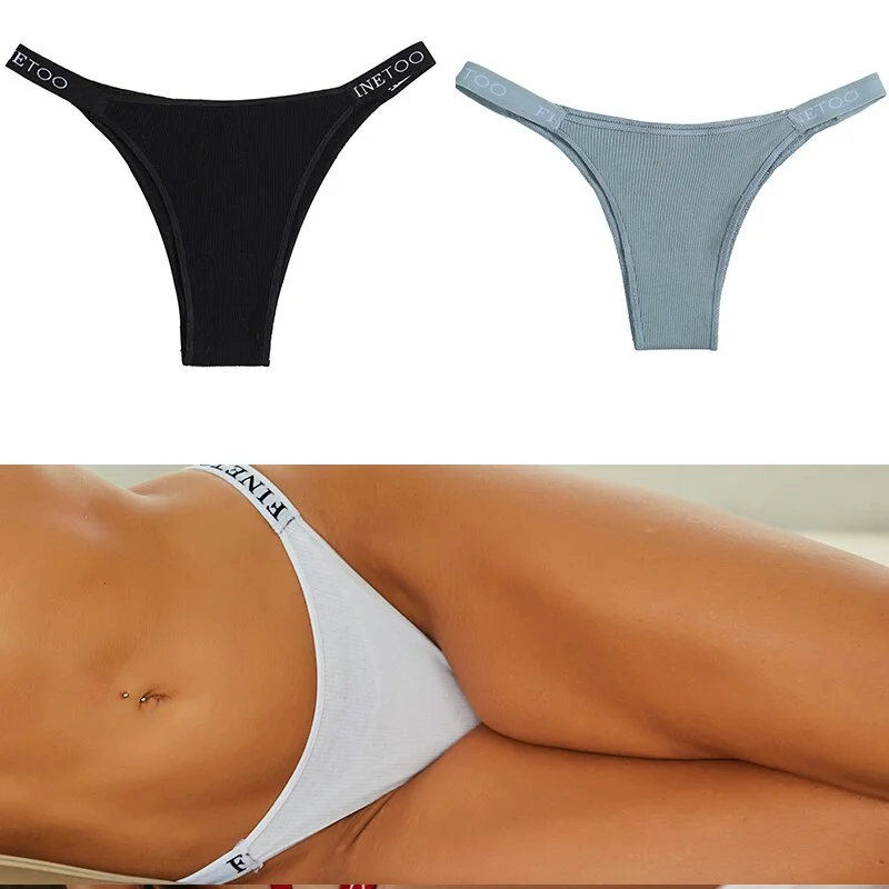 FINETOO 2PCS/Set Women's Cotton G-string Sexy Cross Strap Panties Letter Waisted Underwear Thongs Femme Hollow Out Lady Briefs