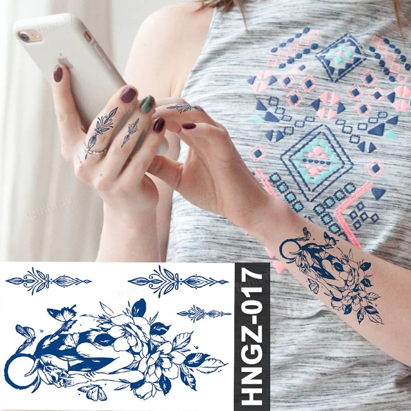 Juice Ink Tattoo Flower Rose Leaf Waterproof Temporary Bird Snake Sexy Body Arm Leg Henna Tattoo Fashion Big Fake Sleeve Sticker
