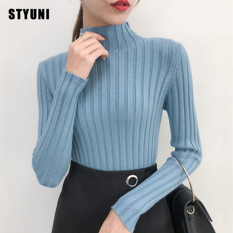 Korean version of the sweater black women 2021 autumn and winter new soft waxy vertical stripes stretch warm turtleneck sweater