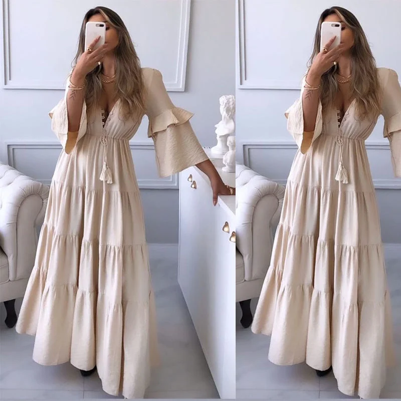 Zingj Women's V-neck Lace-up Solid Color Long Dress