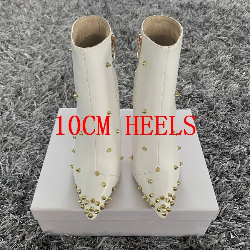 2020 Fashion Women Boots 10cm High Heels Rivets Ankle Boots Plus Size 42 Thin Heels Winter Boots Stiletto PU Leather Black Shoes