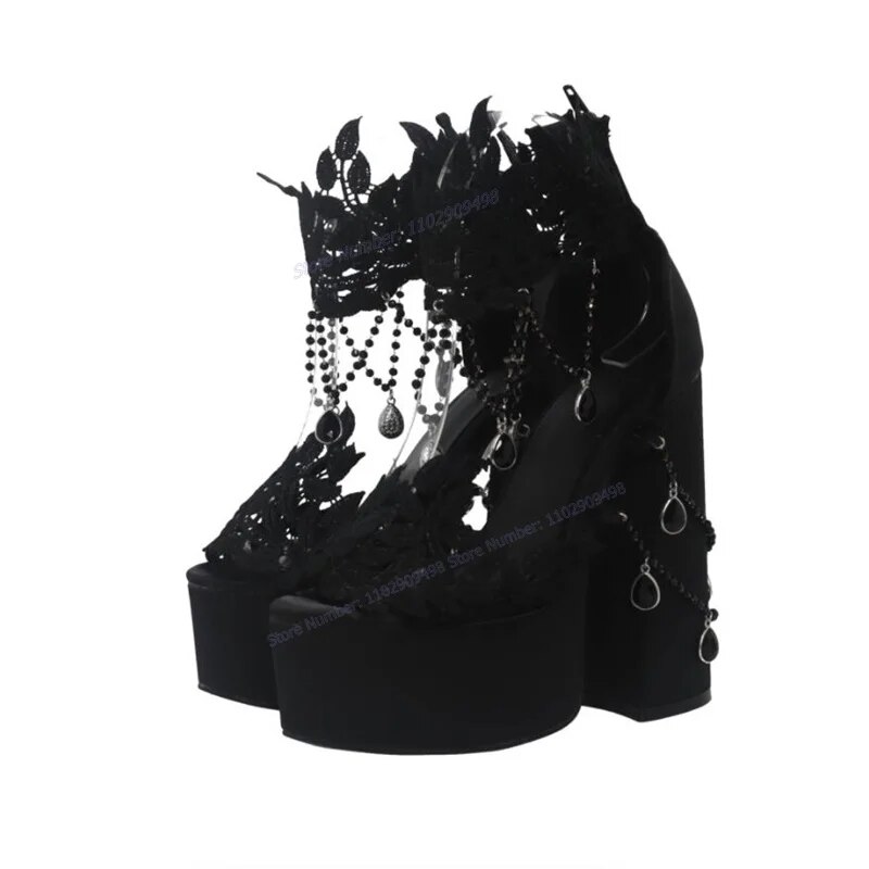 VCSHOES Black Crystal Decor Platform Sandals Pointed Open Toe Shoes For Women Chunky High Heels Gothic Shoes Zapatos Para Mujere