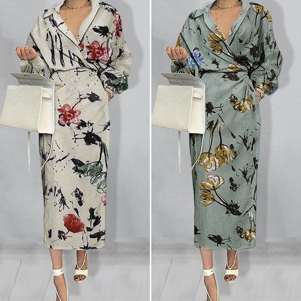Women Floral Print Long Shirt Dress Batwing Long Sleeve Cotton Linen Evening Party Elegant Casual Maxi Dress Plus Size - Shop Trendy Women's Clothing | LoverChic