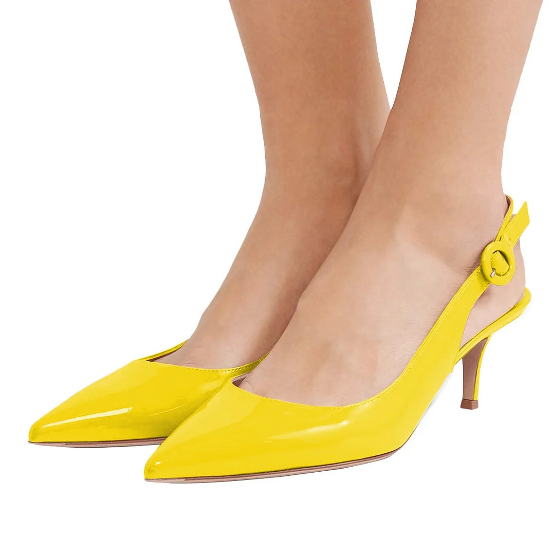 Yellow Pointed Toe Kitten Heel Pumps for Women with Slingback