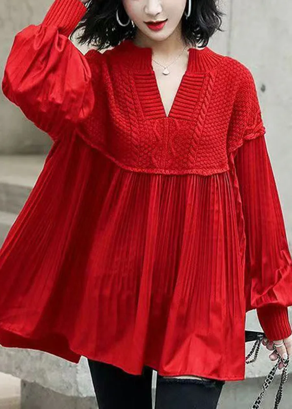 Stylish Red Knit Patchwork Cotton Shirts Dress Batwing Sleeve