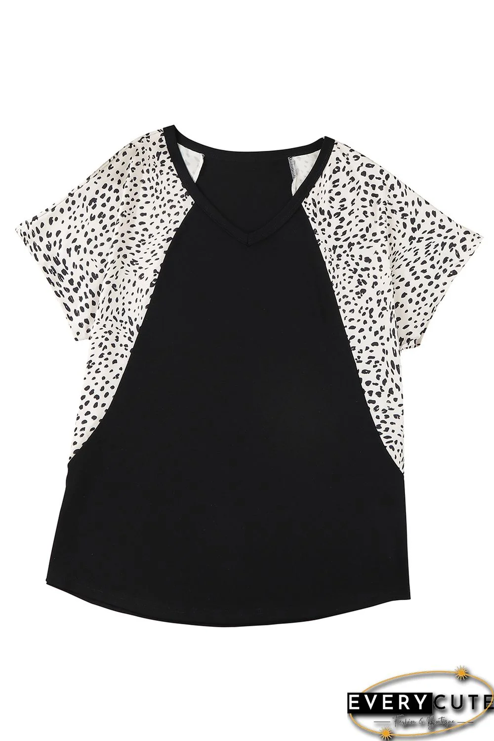 Black Leopard Sleeves Color Block V Neck T-shirt