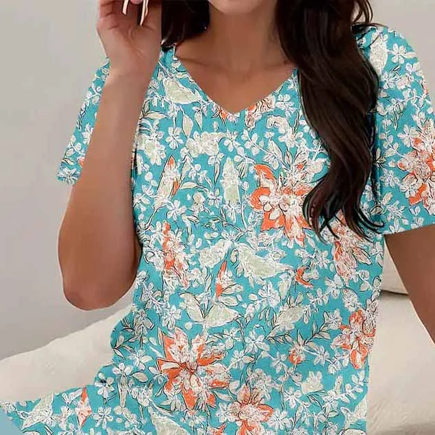 Women Floral,Green,Red DZCJ0845 Short Sleeve Tops and Shorts Plus Size