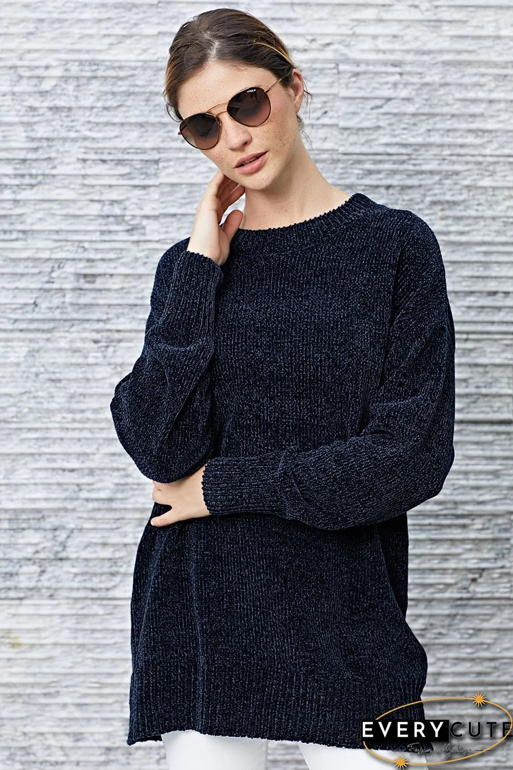 Navy Blue Cozy Scoop Neck Velvet Sweater