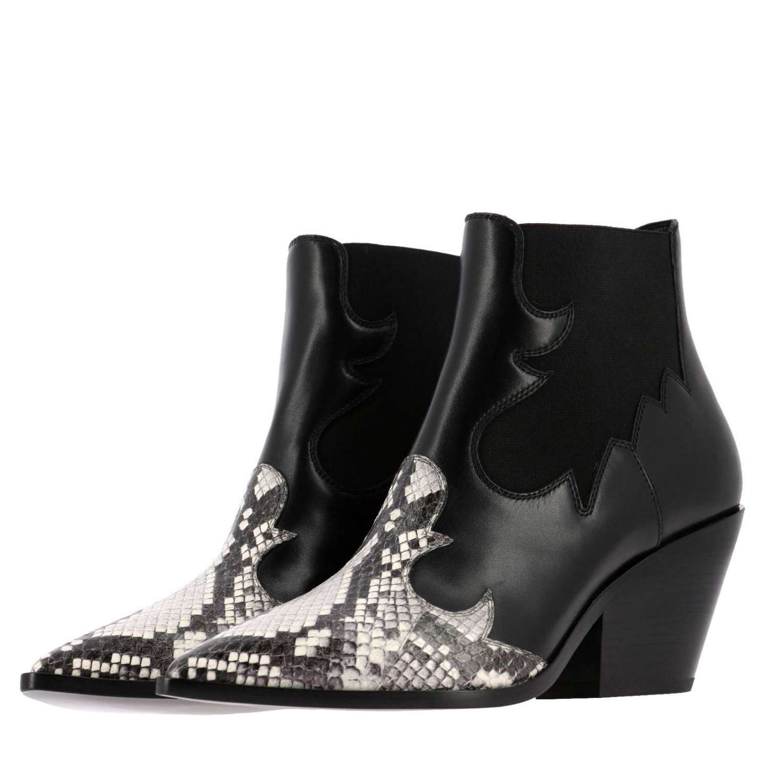 Black Python Pointy Toe Chunky Heel Slip-On Western Boots for Women