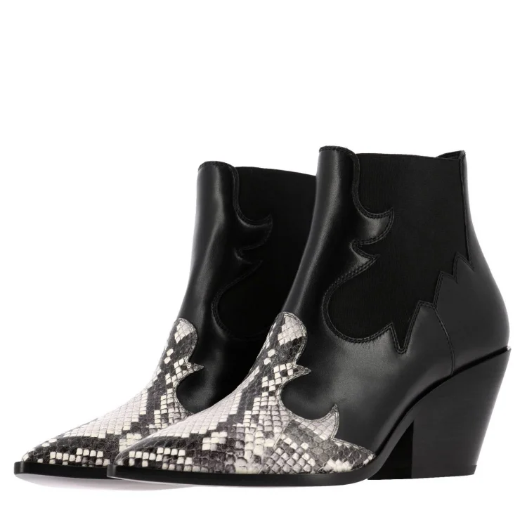 Black Python Pointy Toe Chunky Heel Slip-On Western Boots for Women |FSJ Shoes