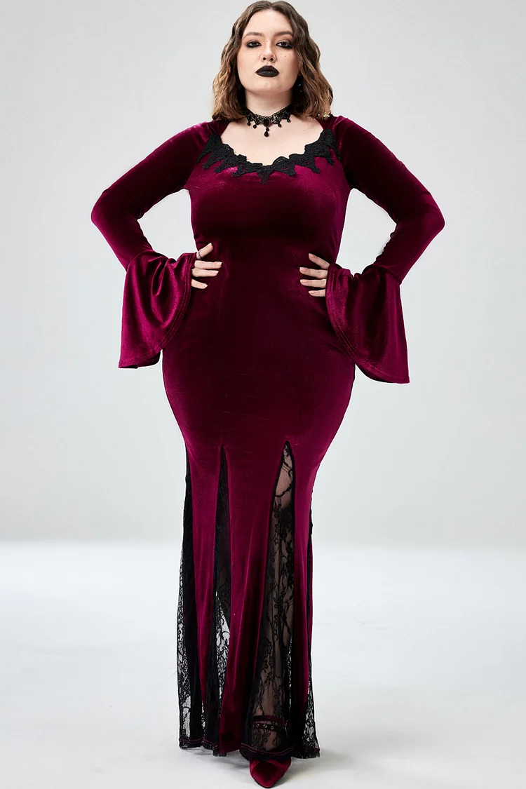 Xpluswear Design Plus Size Halloween Costume Burgundy Witches Gothic V-Neck Trumpet Sleeve Velvet Lace Maxi Dress 