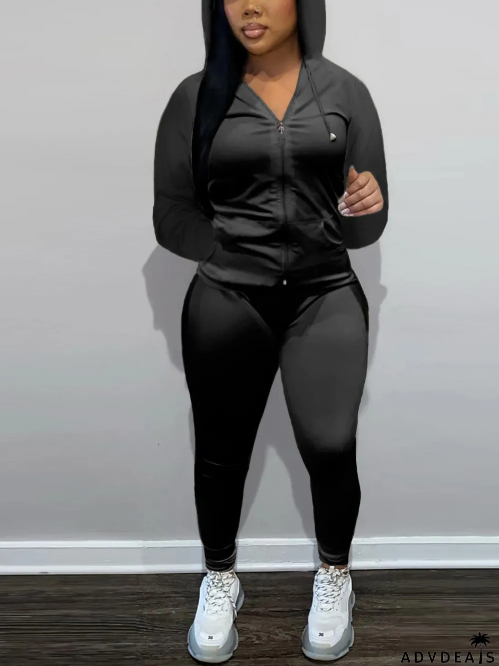 Fashion Zipper Hooded And Pants Two Piece Set