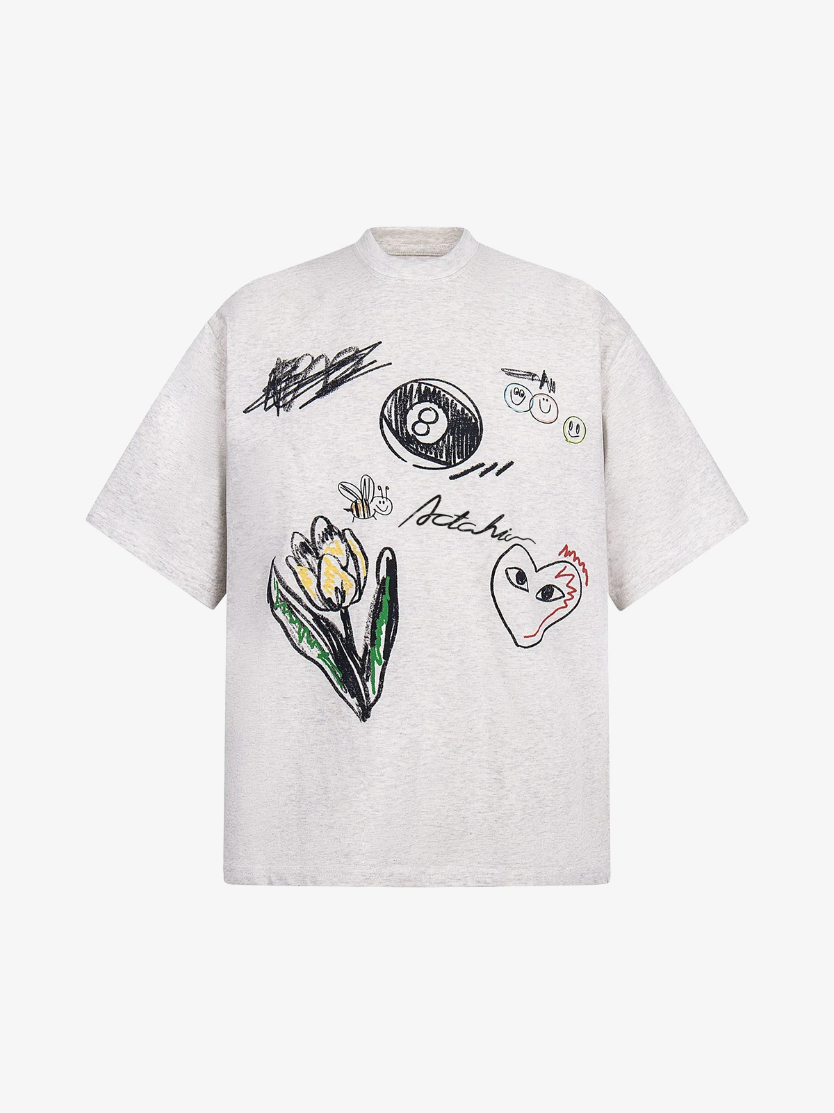 Grey Act Chic Hand-Drawn Graffiti Print Tee Front