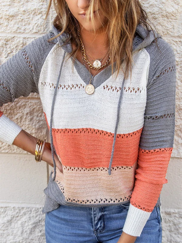 Hollow Out Color Block Knit Hooded Sweater