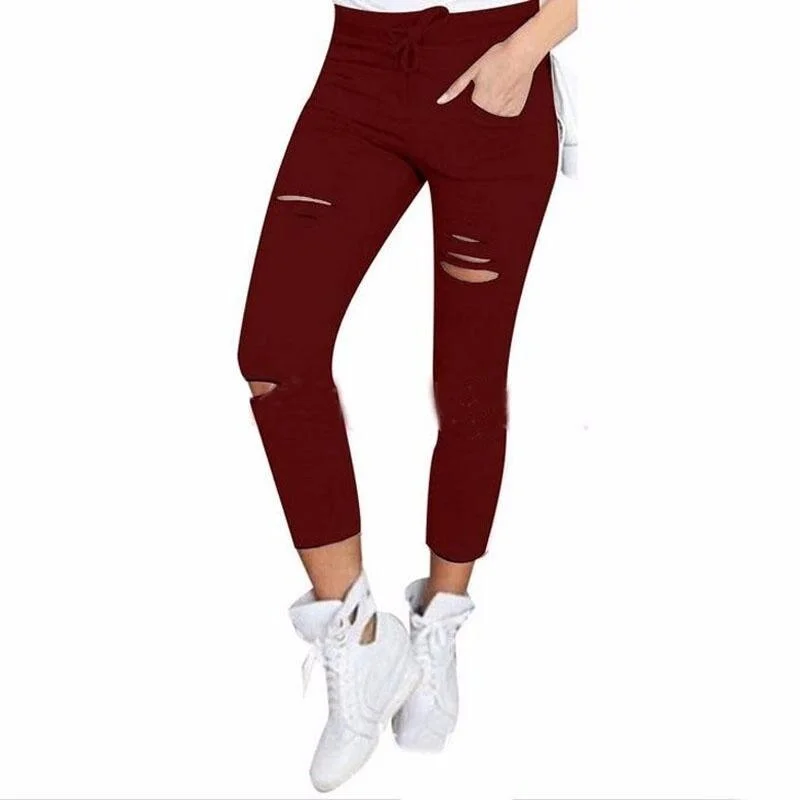 2020 Cargo Pants Women Fashion Slim High Waisted Stretchy Skinny Broken Hole Pencil Pants Solid Color Streetwear Trousers Womens
