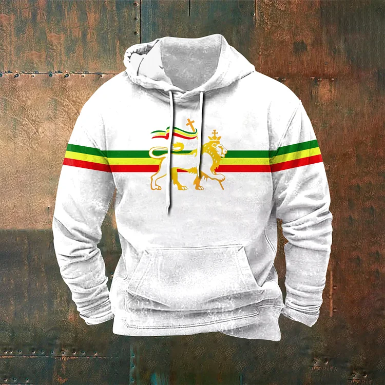 VChics Men's Stripe Reggae Lion Print Graphic Hoodie