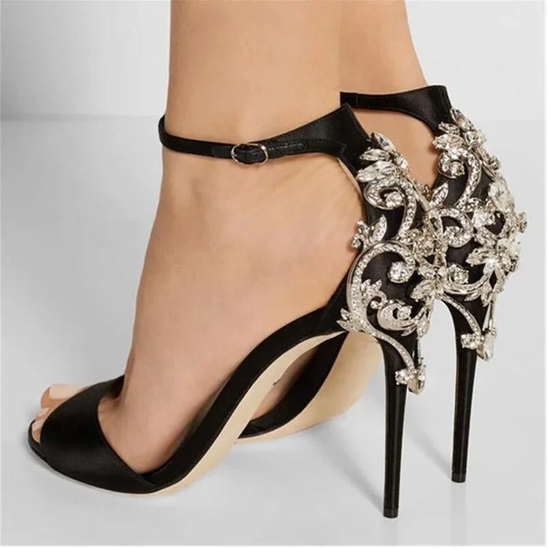 Women Rhinestone Stiletto Heeled Sandal Crystal Thin Heels Ankle Strap Shoes