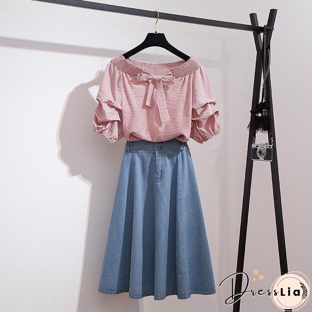 Cute Off Shoulder Blouse+Denim Skirt P11160