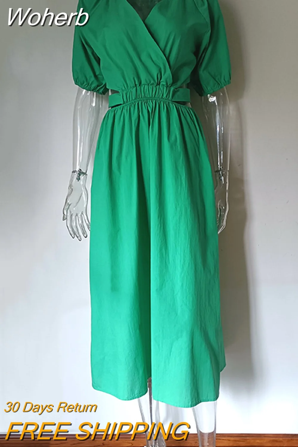 Woherb Elegant Short Sleeve V Neck Green Summer Midi Dress For Women 2023 Hollow Out Buttons A-Line Holiday Beach Dress Vestido