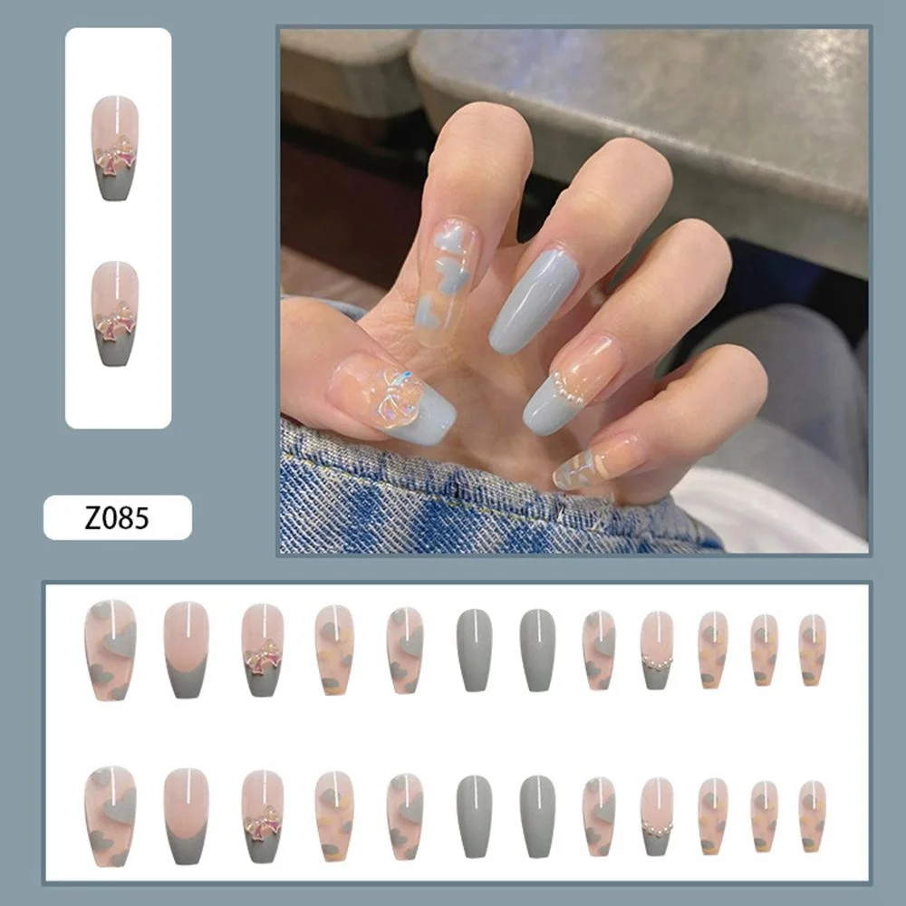 24Pcs Detachable Butterfly Rhinestone French Ballerina False Nails Artificial Coffin Full Cover Fake Nails With Glue Manicure-Nail Inspo