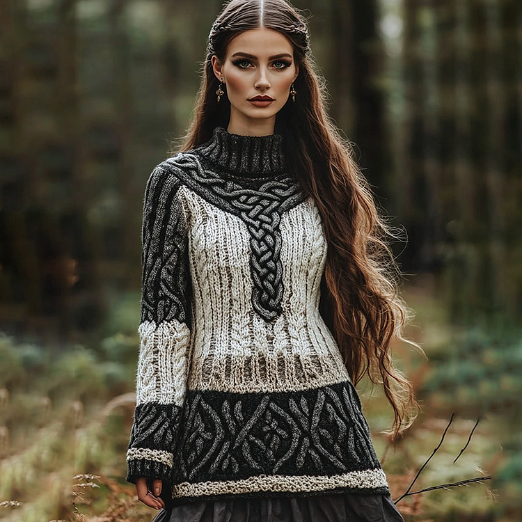 VChics Vintage Viking Celtic Contrast Cozy Chunky High Neck Cozy Sweater