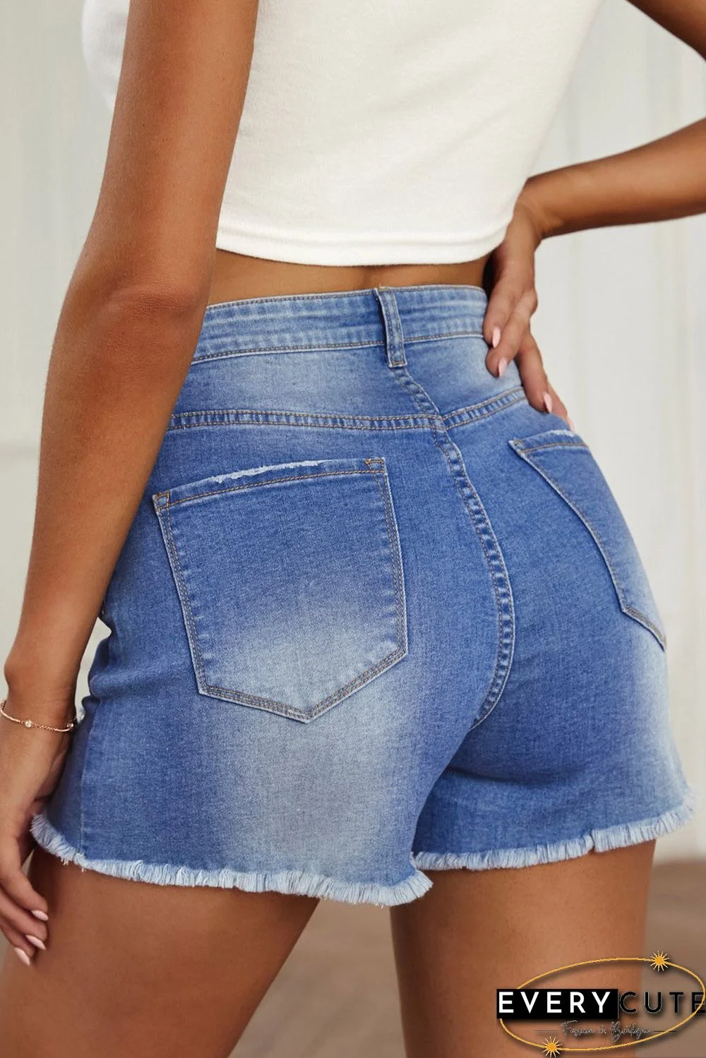 Sky Blue High Waist Frayed Denim Shorts