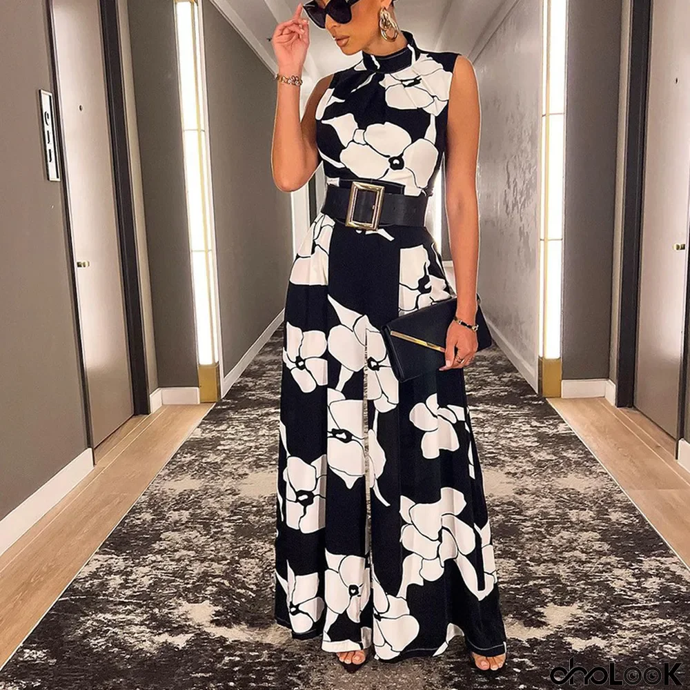 Women Summer Stand Collar Printing Jumpsuit