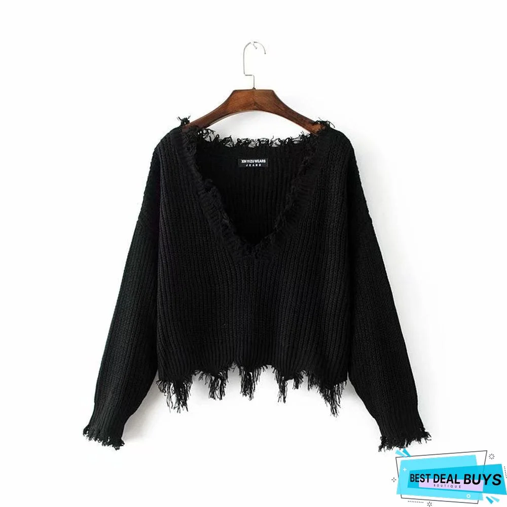 V Neck Fringed Loose Casual Fringed White Sweater